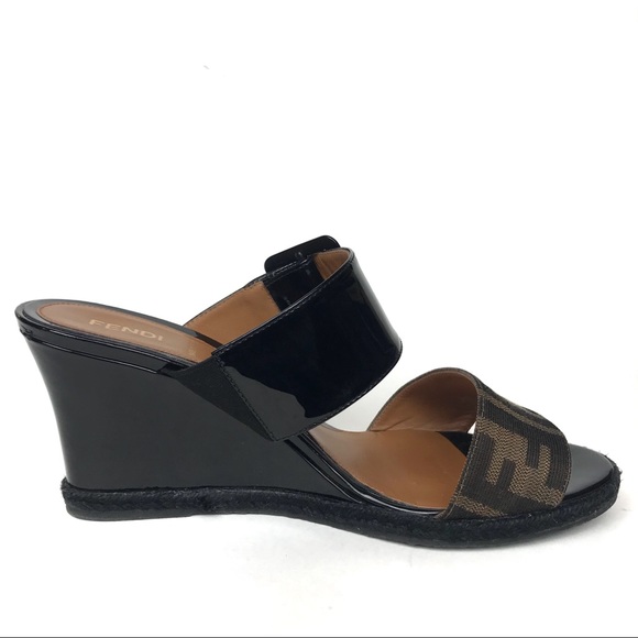Fendi Vernis Zucca Canvas Patent Leather Wedge 38 - Picture 6 of 8